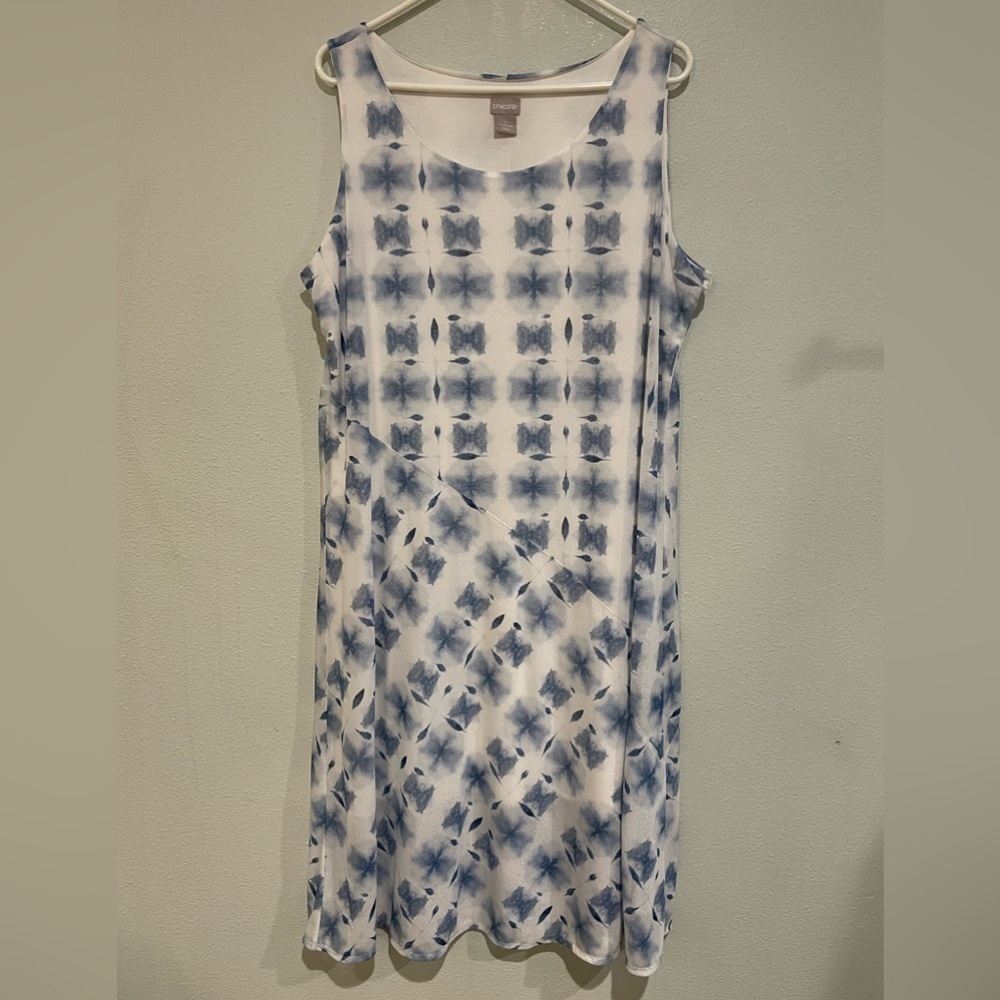 Chico's White and Blue Tie-Dye Midi Shift Dress